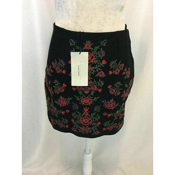 Zara Womens New W Tag Black Red Floral Embroidered Mini Skirt Xs - Picture 5 of 10